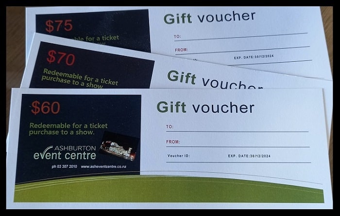Gift vouchers for the event centre.