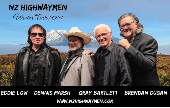 Four musicians posing together for a promotional photo for their "nz highwaymen winter tour 2024.
