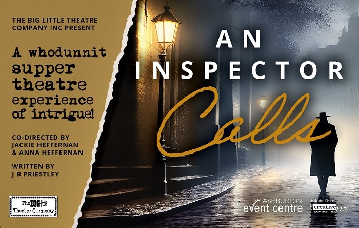 Promotional poster for a theater event titled 'an inspector calls,' portraying a silhouette of a figure holding a briefcase, suggesting a theme of mystery and investigation, with information about the venue, writers,.