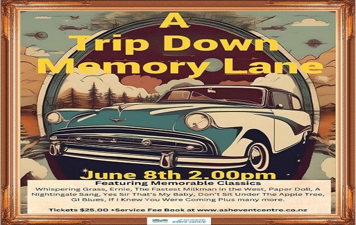 Vintage-style poster advertising "a trip down memory lane" event on june 8th, featuring a classic car with nostalgic music titles and event details.