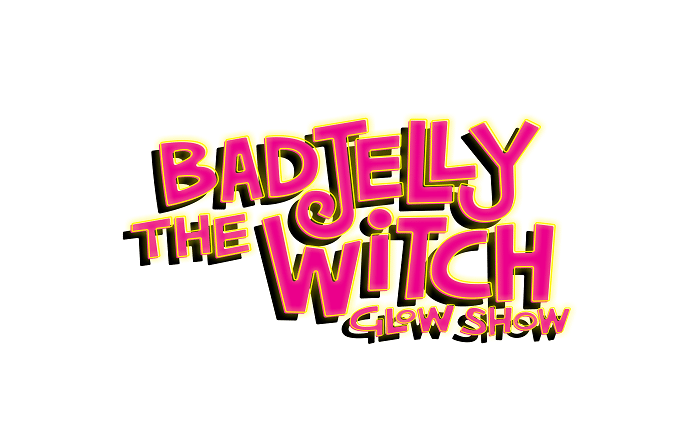 Logo of "badjelly the witch glow show" with stylized pink and yellow text on a white background.