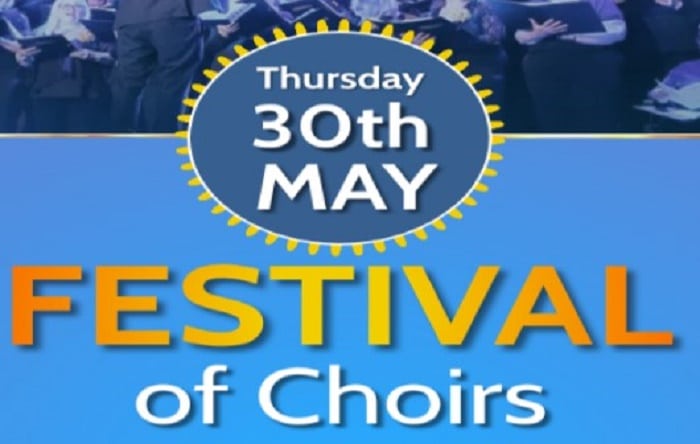 Promotional banner for a "festival of choirs" event scheduled for thursday, 30th may, featuring a blurred image of a choir in the background.