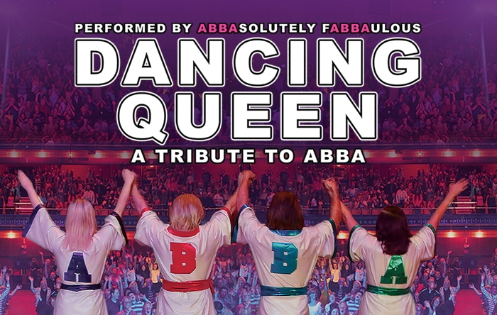A tribute band, abbasolutely fabbalous, performs on stage, facing a large crowd, with text "dancing queen - a tribute to abba" overlaid.