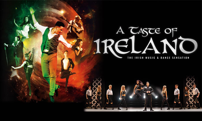 Promotional graphic for "a taste of ireland," featuring dancers performing traditional irish dance.